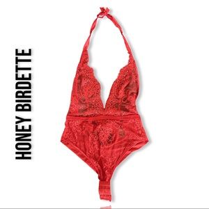 Honey Birdette—Floral Lace Halter Teddy Bodysuit